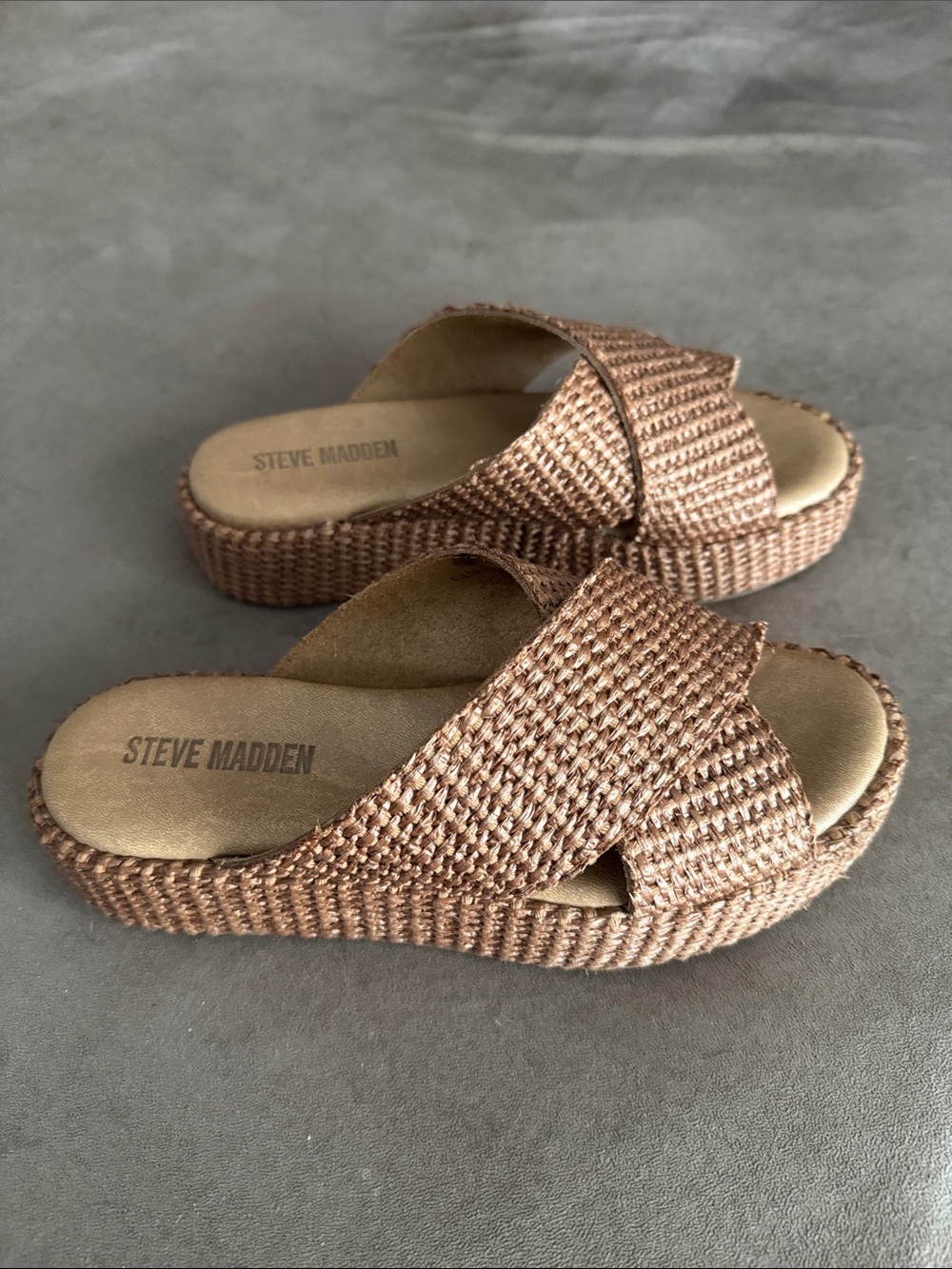 Steve Madden Woven Crisscross Platform Slides - Tan Brown